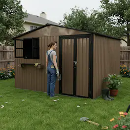 Anysun - 10x8 FT Outdoor Metal Storage Shed with Window & Flower Rack – Lockable Double Doors Tool Shed, Waterproof Weatherproof - Brown