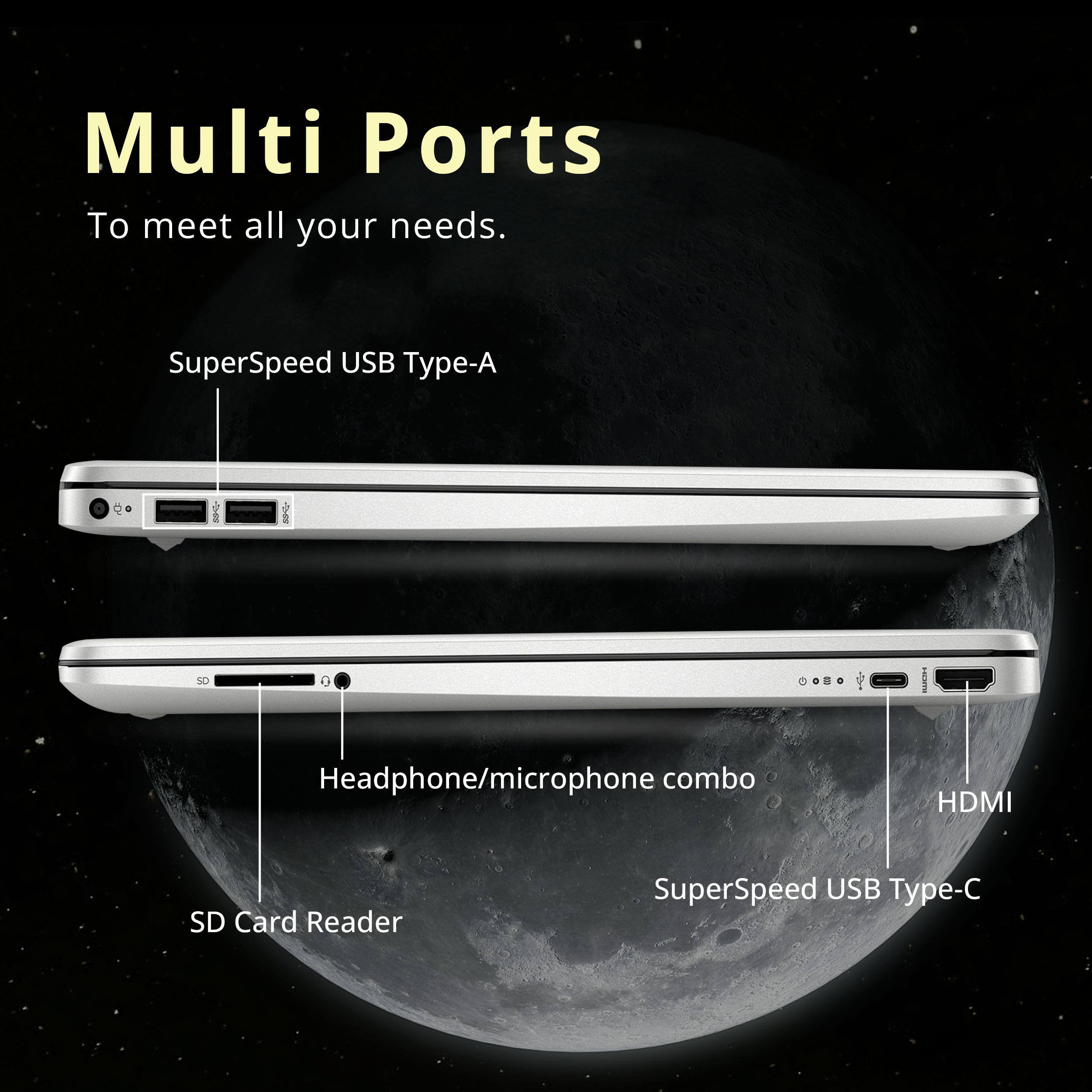 Multi Ports  
To meet all your needs.  

SuperSpeed USB Type-A  
Headphone/microphone combo  
HDMI  
SD Card Reader  
SuperSpeed USB Type-C