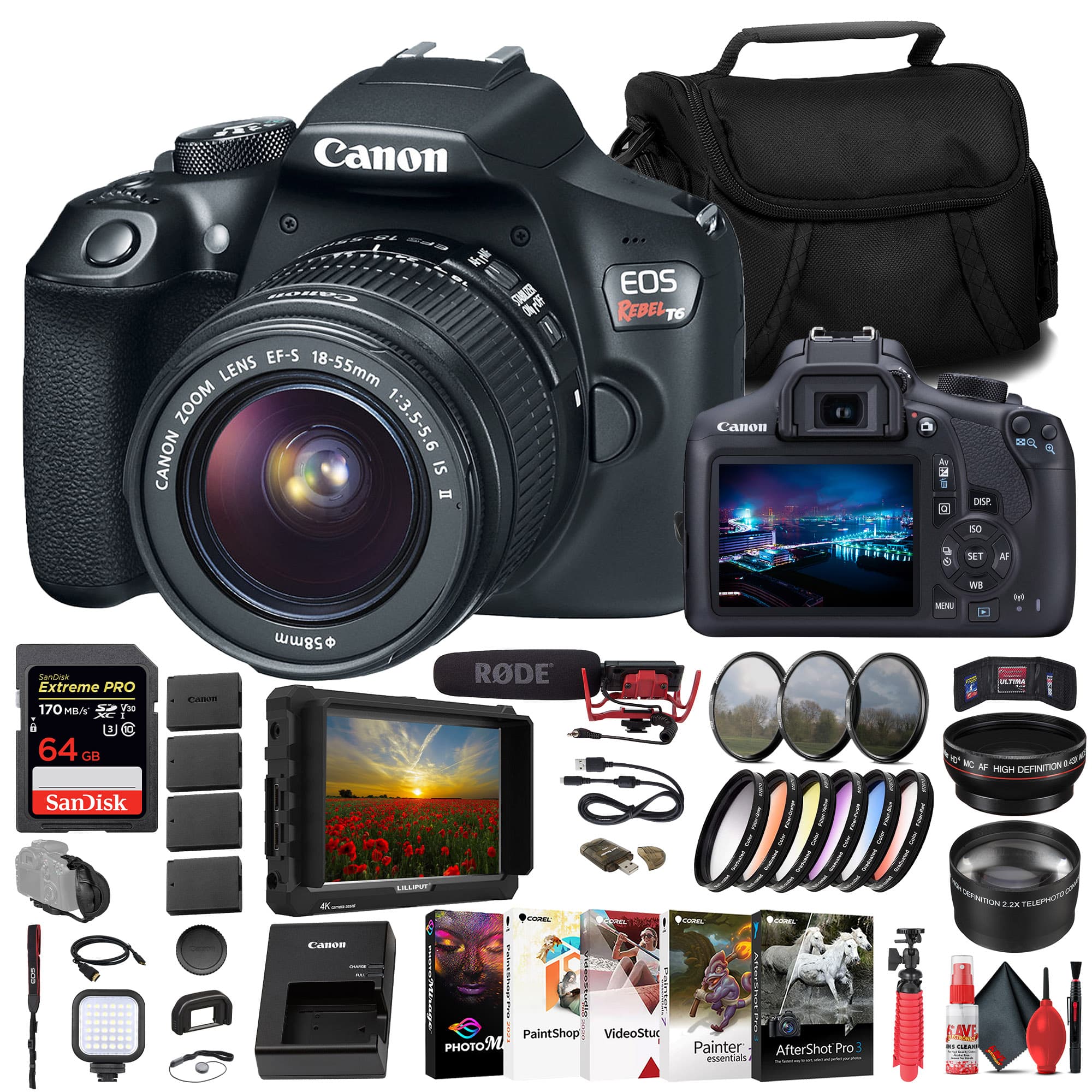 Canon - EOS Rebel T6 DSLR Camera W/ 18-55mm Lens + Monitor + Mic + 64GB Card + More