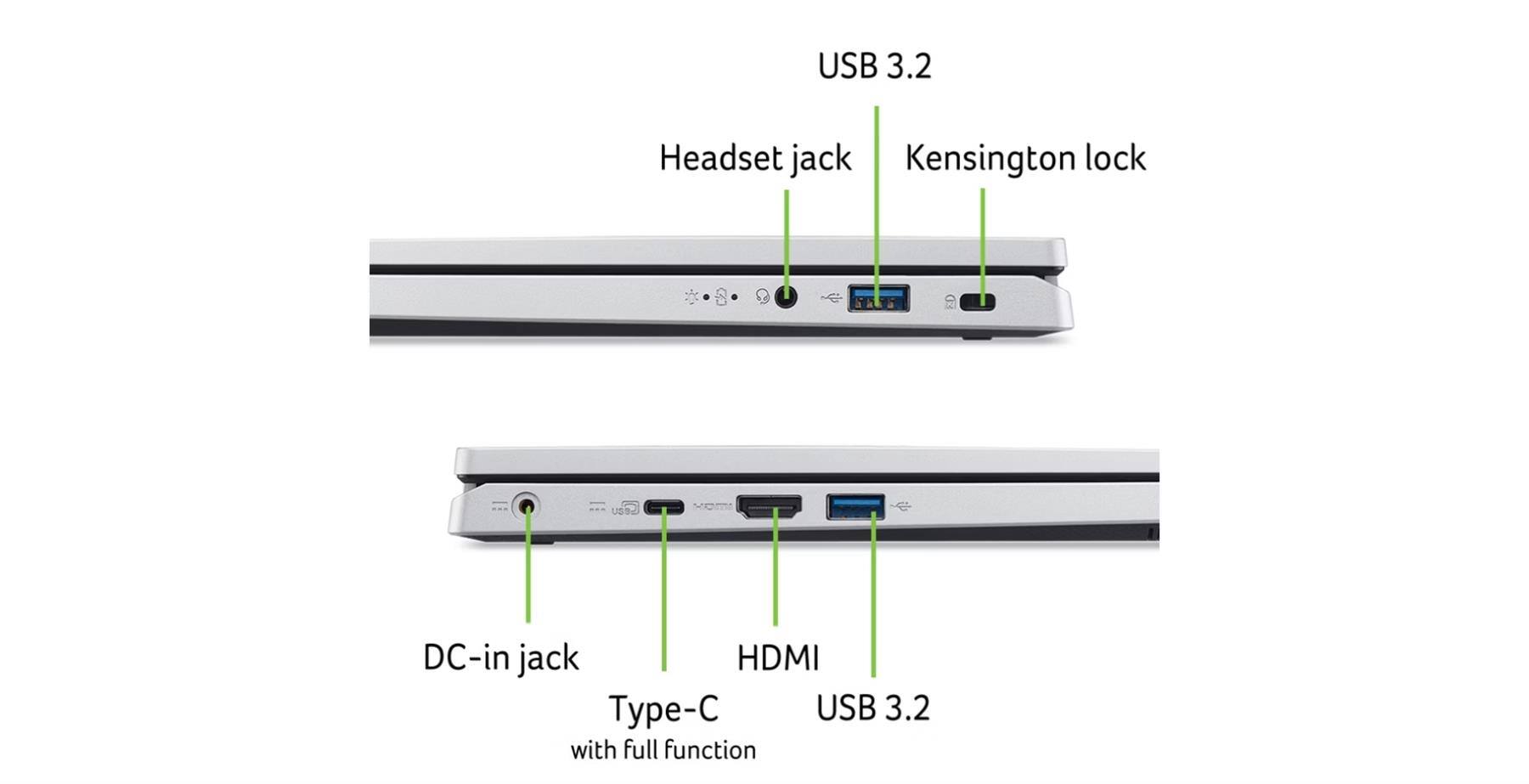 USB 3.2  
Headset jack  
Kensington lock  
DC-in jack  
Type-C with full function  
HDMI  
USB 3.2