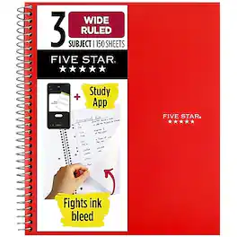 Five Star - 3-Subject Notebooks, 8" x 10.5", Wide Ruled, 150 Sheets, Color chosen at random (51014) - Assorted