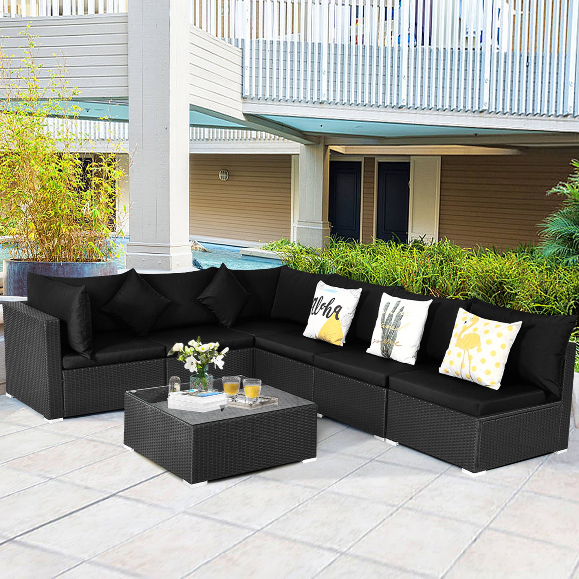 Alt View 5. Gymax - Gymax 7PCS Rattan Patio Conversation Set Sectional Furniture Set w/ Black Cushion - Black.
