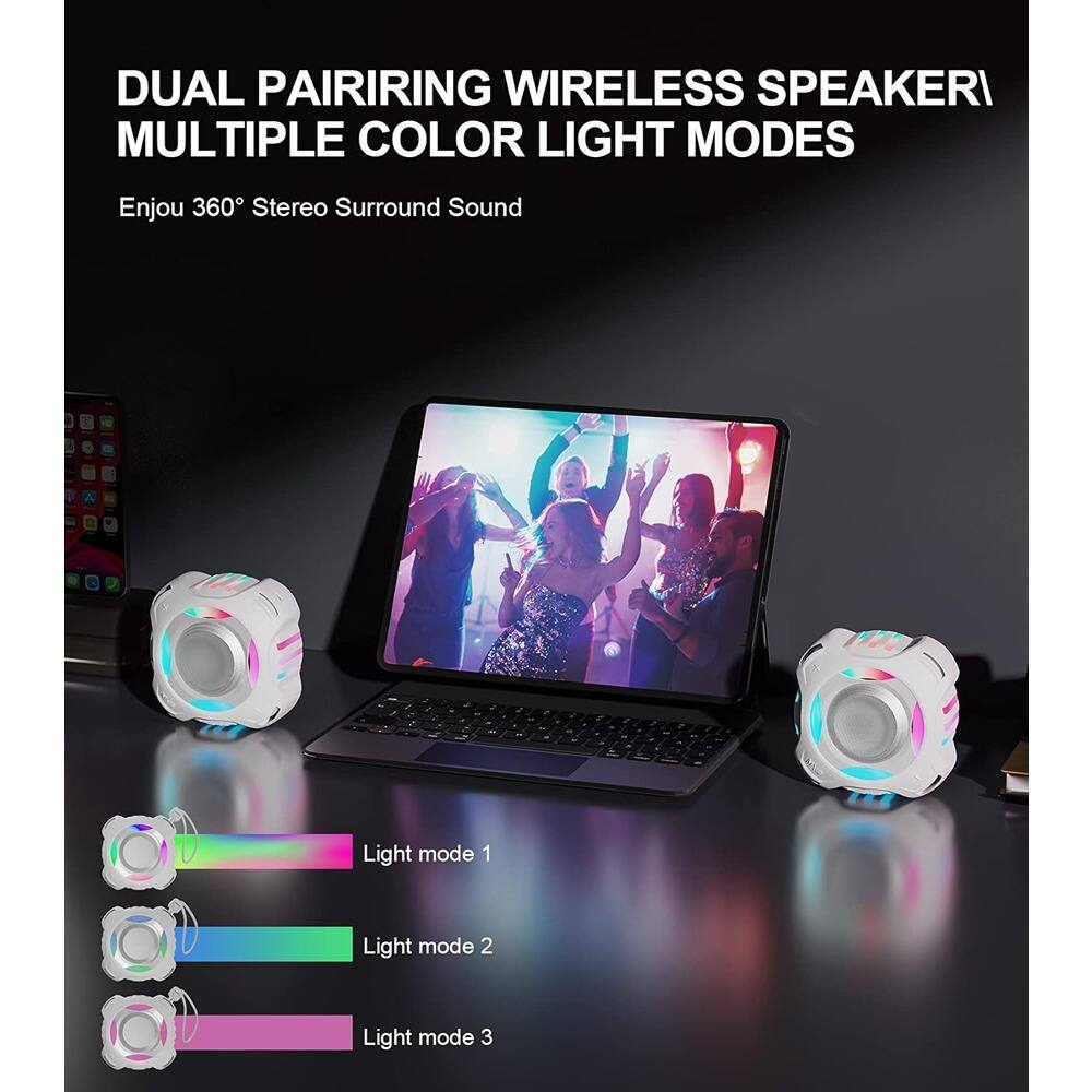 DUAL PAIRING WIRELESS SPEAKER  
MULTIPLE COLOR LIGHT MODES  

Enjou 360° Stereo Surround Sound  

Light mode 1  
Light mode 2  
Light mode 3