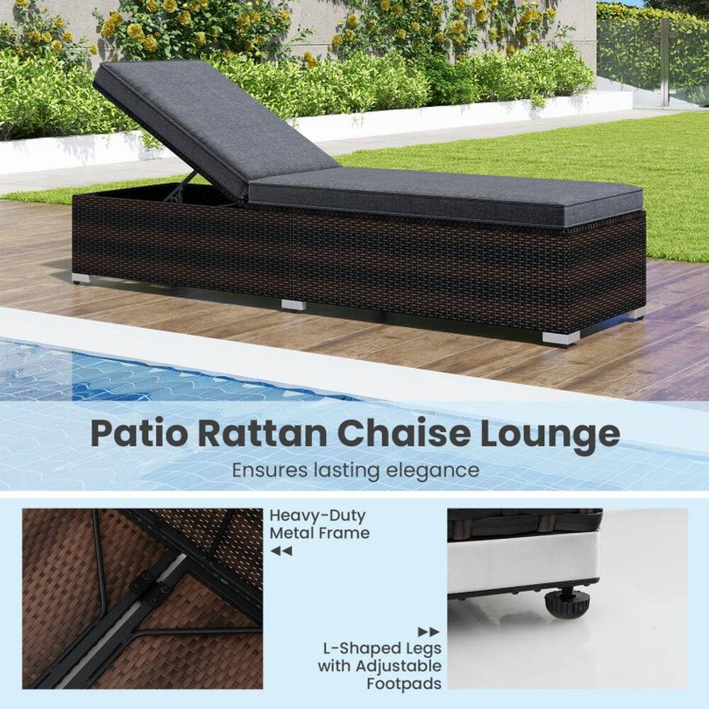 Patio Rattan Chaise Lounge  
Ensures lasting elegance  

Heavy-Duty Metal Frame  
L-Shaped Legs with Adjustable Footpads