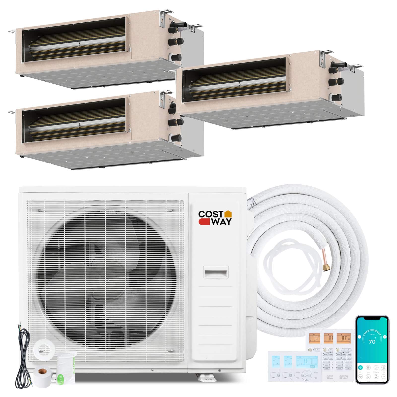 Costway - X-Pro 35000 BTU 3 Zone Concealed Ducted Mini Split AC, 22.5 SEER2, WiFi Enabled - White