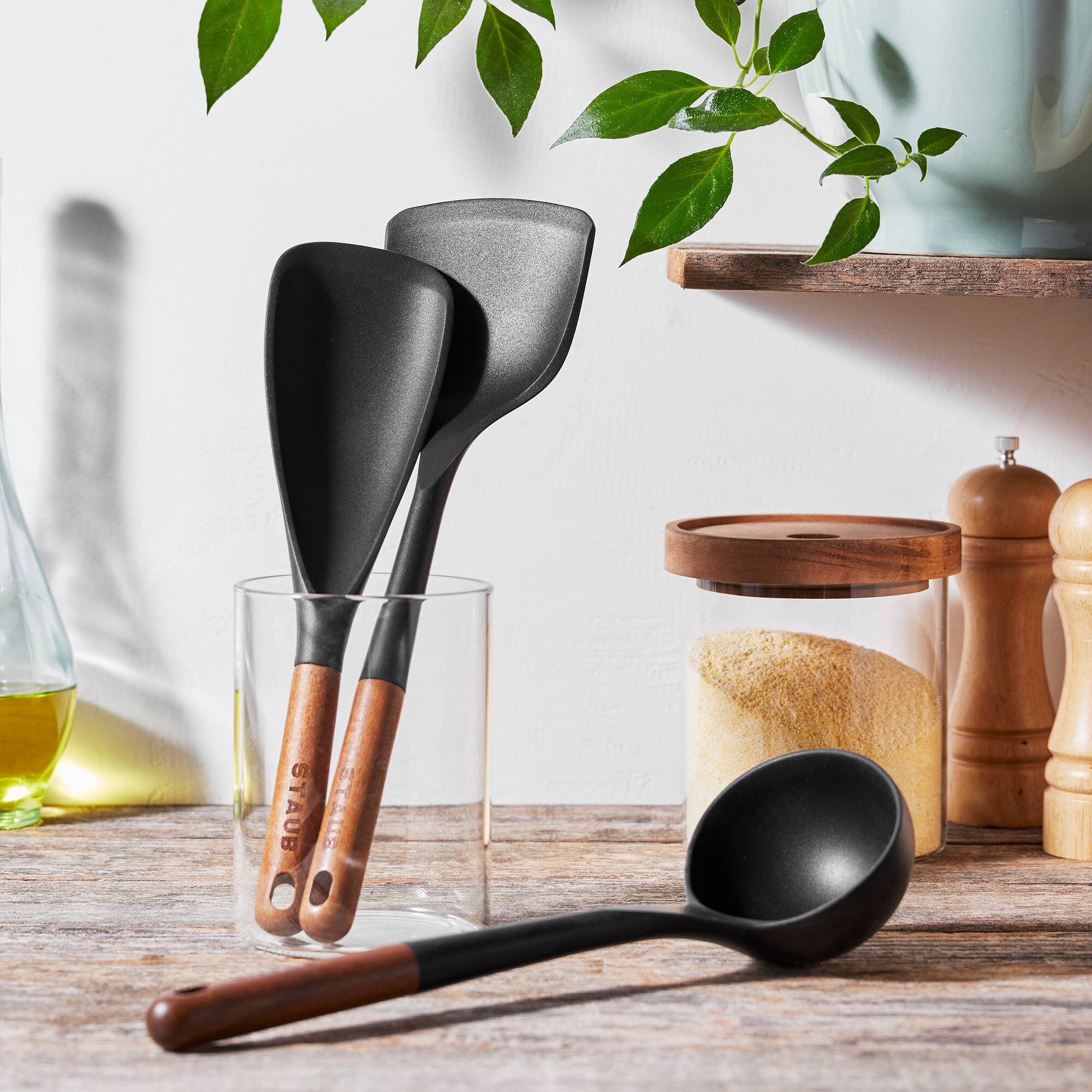 Alt View 1. Staub - Staub Silicone with Wood Handle 3-pc Cooking Utensil Set - Black.