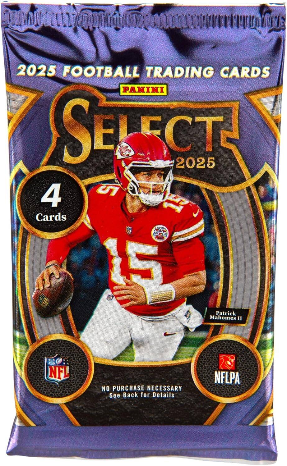 2025 FOOTBALL TRADING CARDS  
PANINI SELECT 2025  
4 Cards  
Patrick Mahomes II  
NO PURCHASE NECESSARY  
See Back for Details  
NFL  
NFLPA