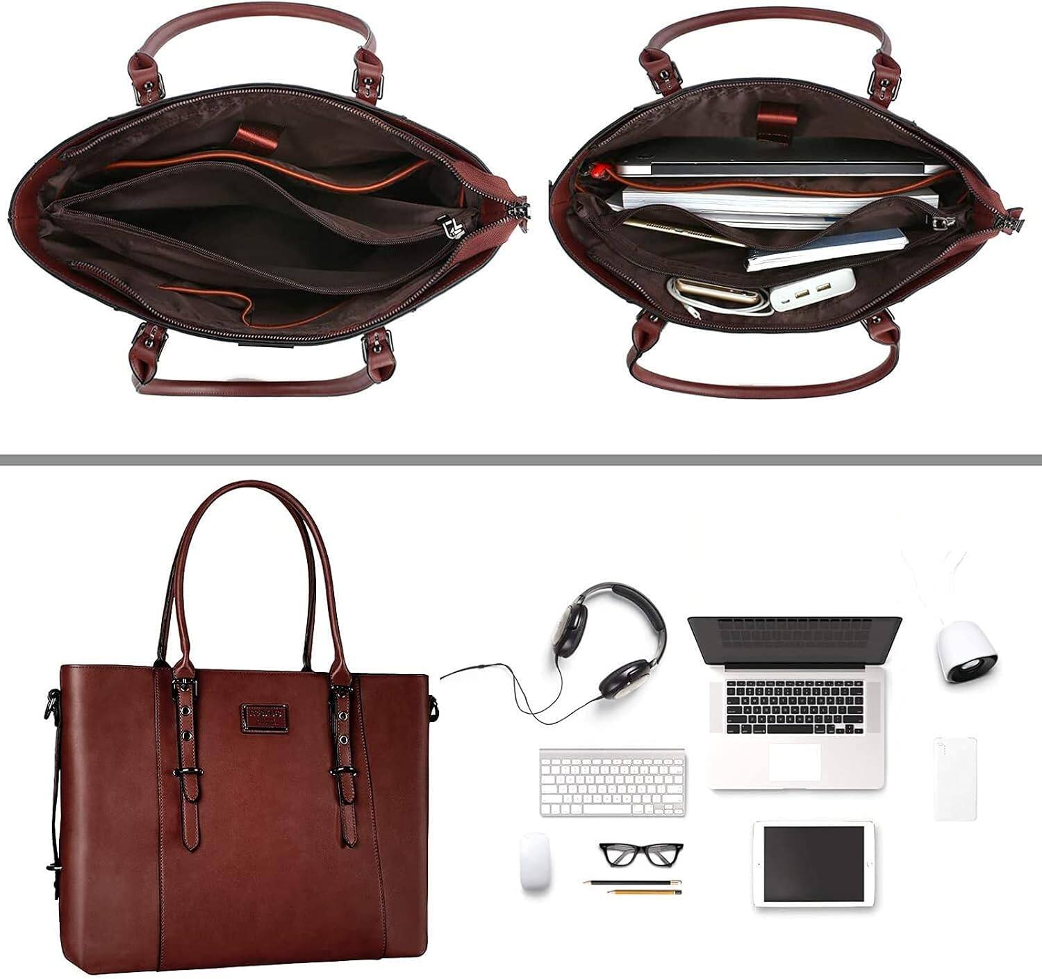 Left. mosiso - Waterproof PU Leather Laptop Bag for Women 13.3 Inch, Vintage Briefcase Tote Shoulder Computer Bag for Work & Office - Brown.