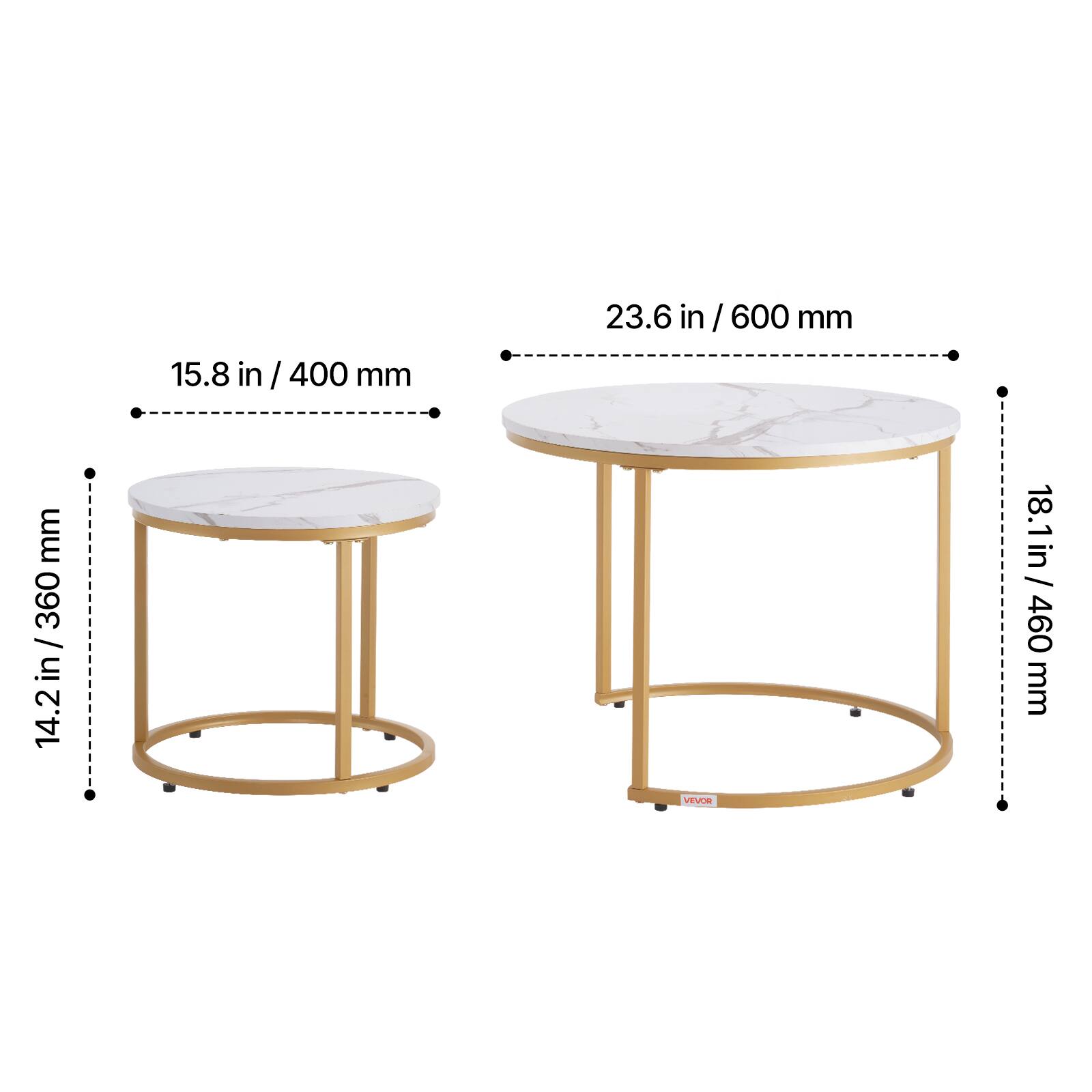 15.8 in / 400 mm, 23.6 in / 600 mm, 14.2 in / 360 mm, 18.1 in / 460 mm