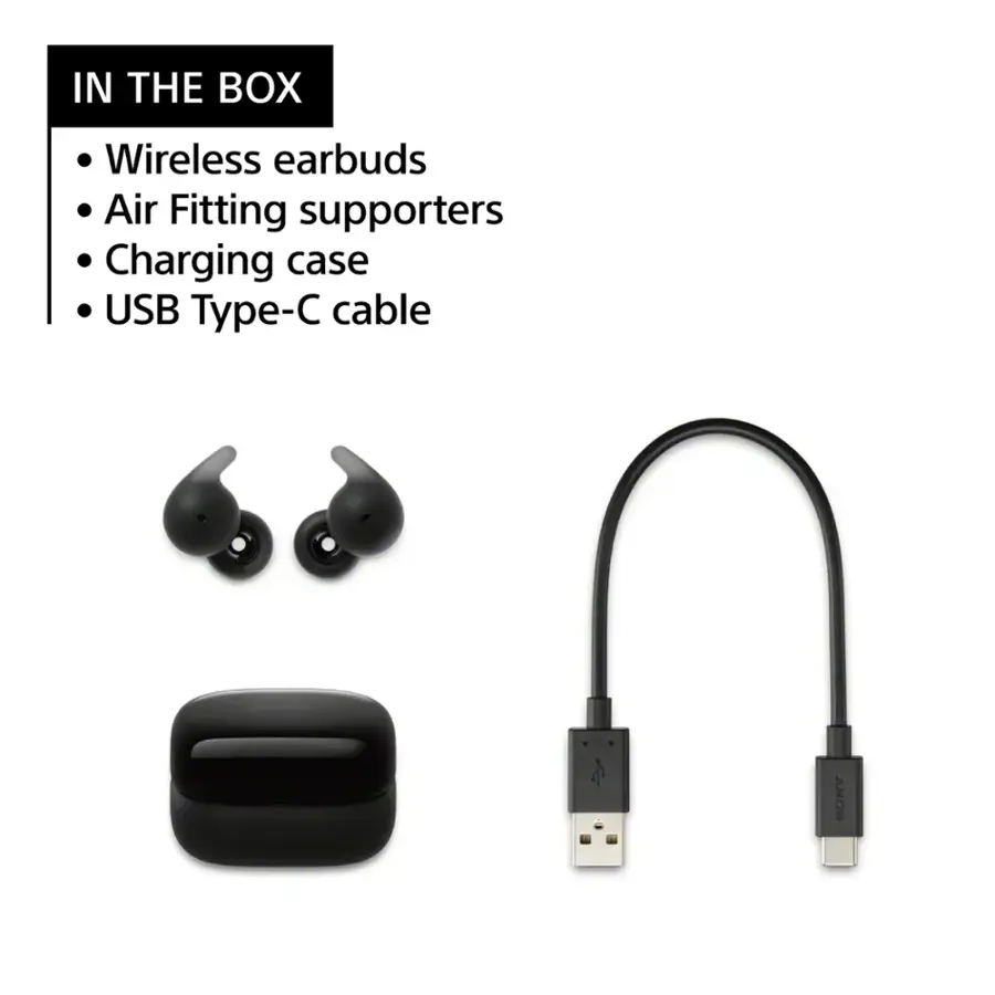 In the box, you will find wireless earbuds, air fitting supporters, a charging case, and a USB Type-C cable.