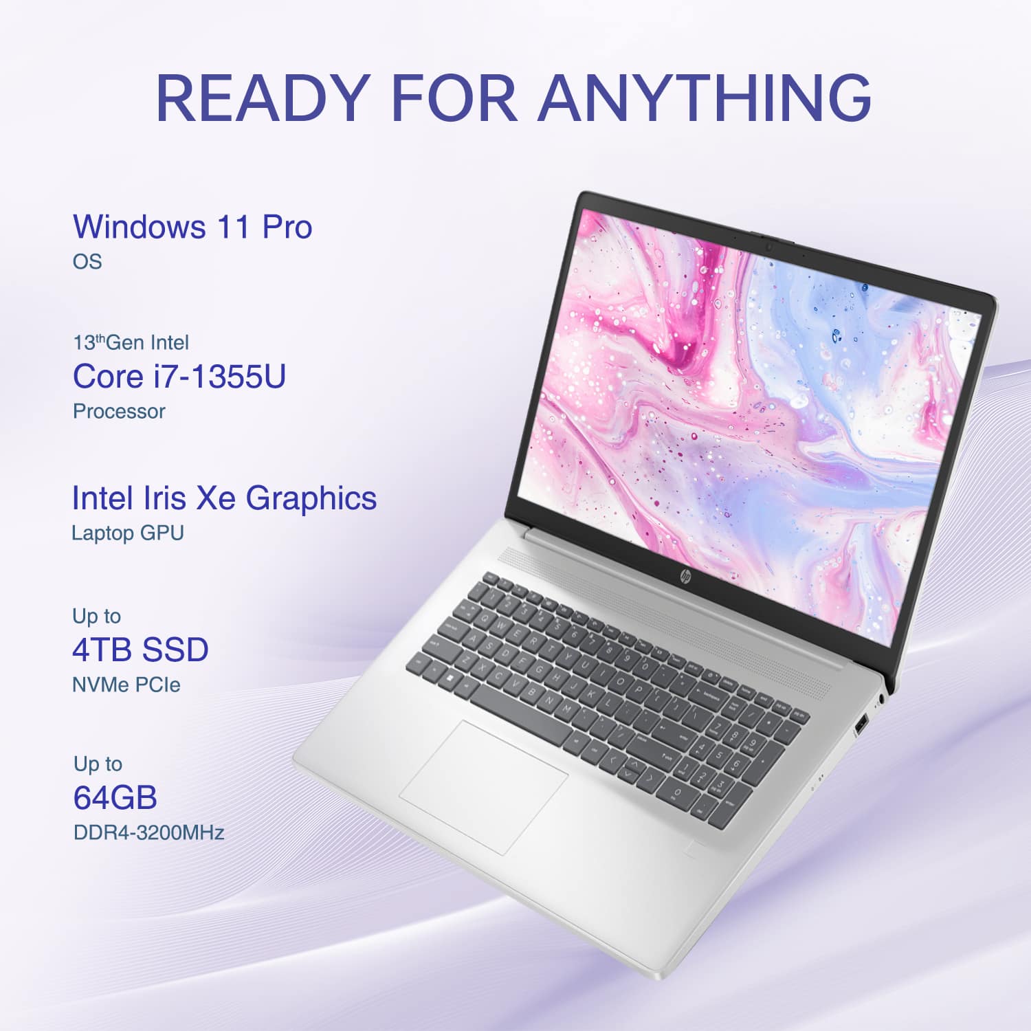 READY FOR ANYTHING
Windows 11 Pro OS
13th Gen Intel Core i7-1355U Processor
Intel Iris Xe Graphics Laptop GPU
Up to 4TB SSD NVMe PCIe
Up to 64GB DDR4-3200MHz