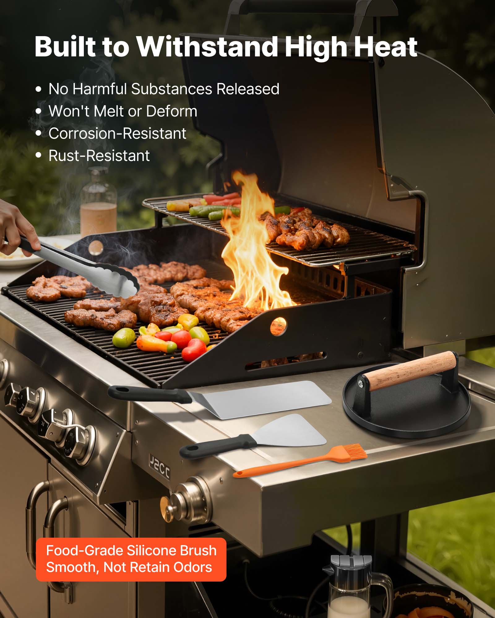 Built to Withstand High Heat

- No Harmful Substances Released
- Won't Melt or Deform
- Corrosion-Resistant
- Rust-Resistant

Food-Grade Silicone Brush
Smooth, Not Retain Odors