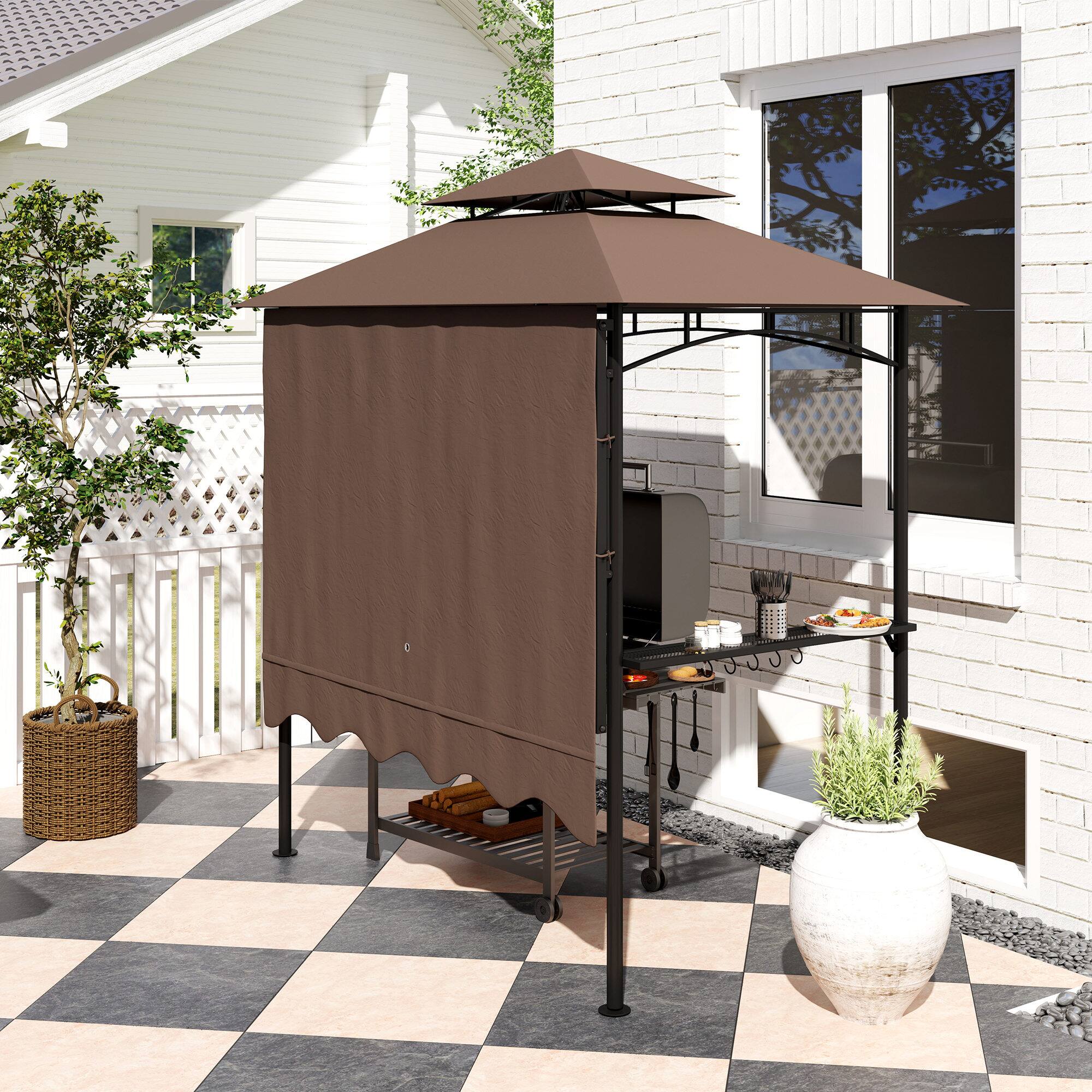 Alt View 7. Outsunny - 8' x 5' Grill Gazebo, Double Tiered Outdoor BBQ Gazebo with Side Awning, 2 Side Shelves and 6 Hooks - Brown.