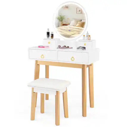 Front. Gymax - Gymax Vanity Set w/ LED Lighted Mirror Makeup Dressing Table w/ Soft Cushioned Stool - White.