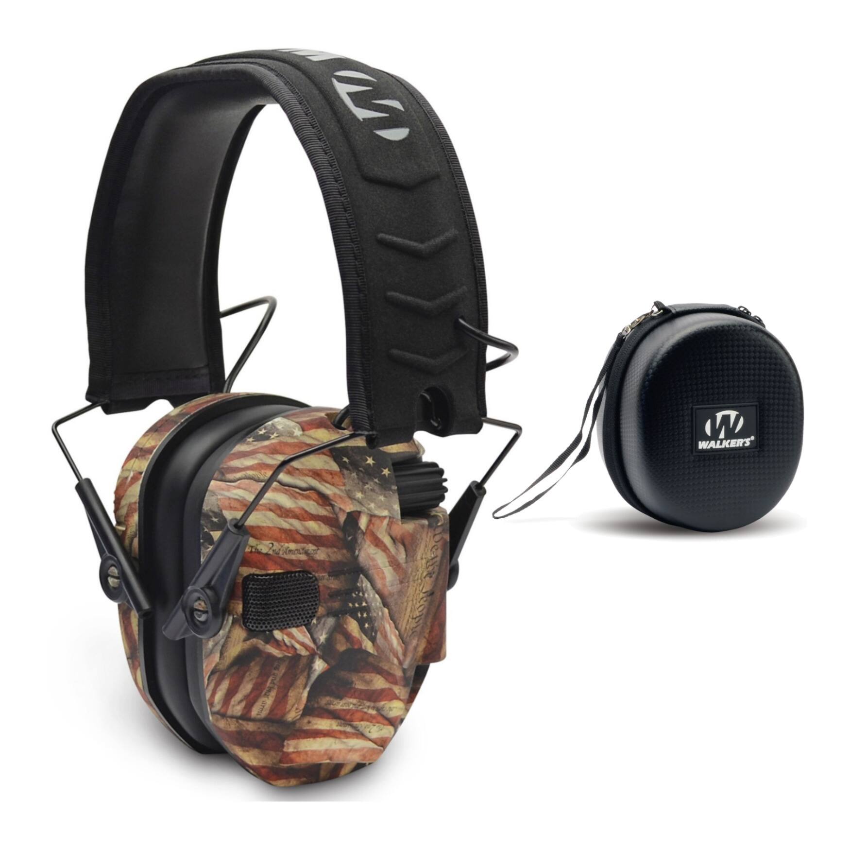 Front. Walkers - Walker’s Razor Slim Electronic Shooting Muff (American Flag) with Case - Brown.