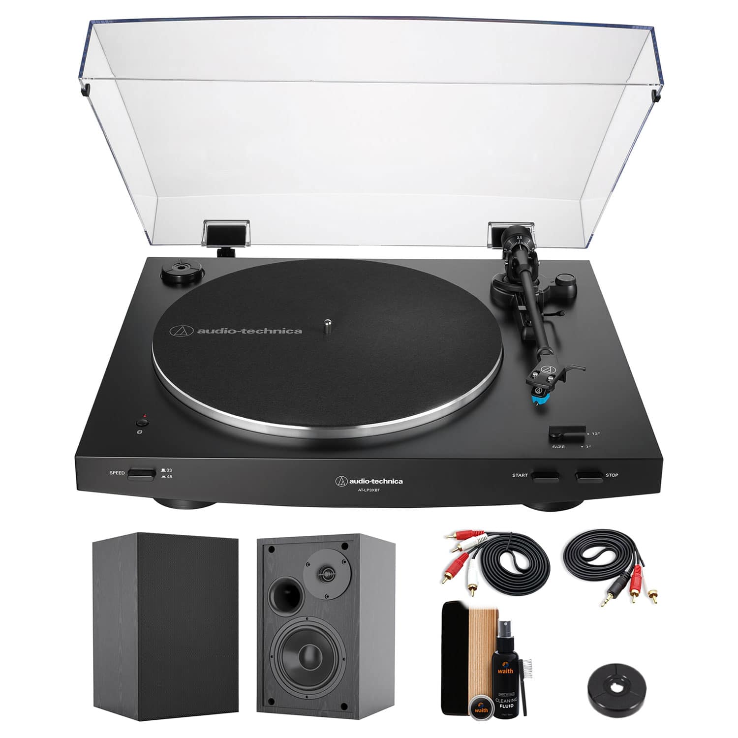 Audio-Technica - AT-LP3XBT Fully Automatic Two-Speed Bluetooth Turntable (Black) +Bookshelf Speakers & More (Bundle)