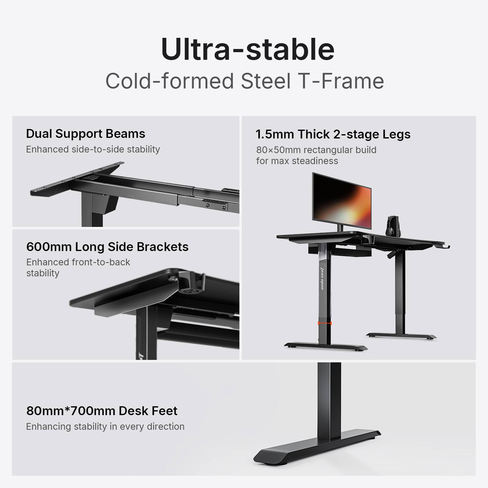 Ultra-stable Cold-formed Steel T-Frame

Dual Support Beams
Enhanced side-to-side stability

1.5mm Thick 2-stage Legs
80x50mm rectangular build for max steadiness

600mm Long Side Brackets
Enhanced front-to-back stability

80mm*700mm Desk Feet
Enhancing stability in every direction