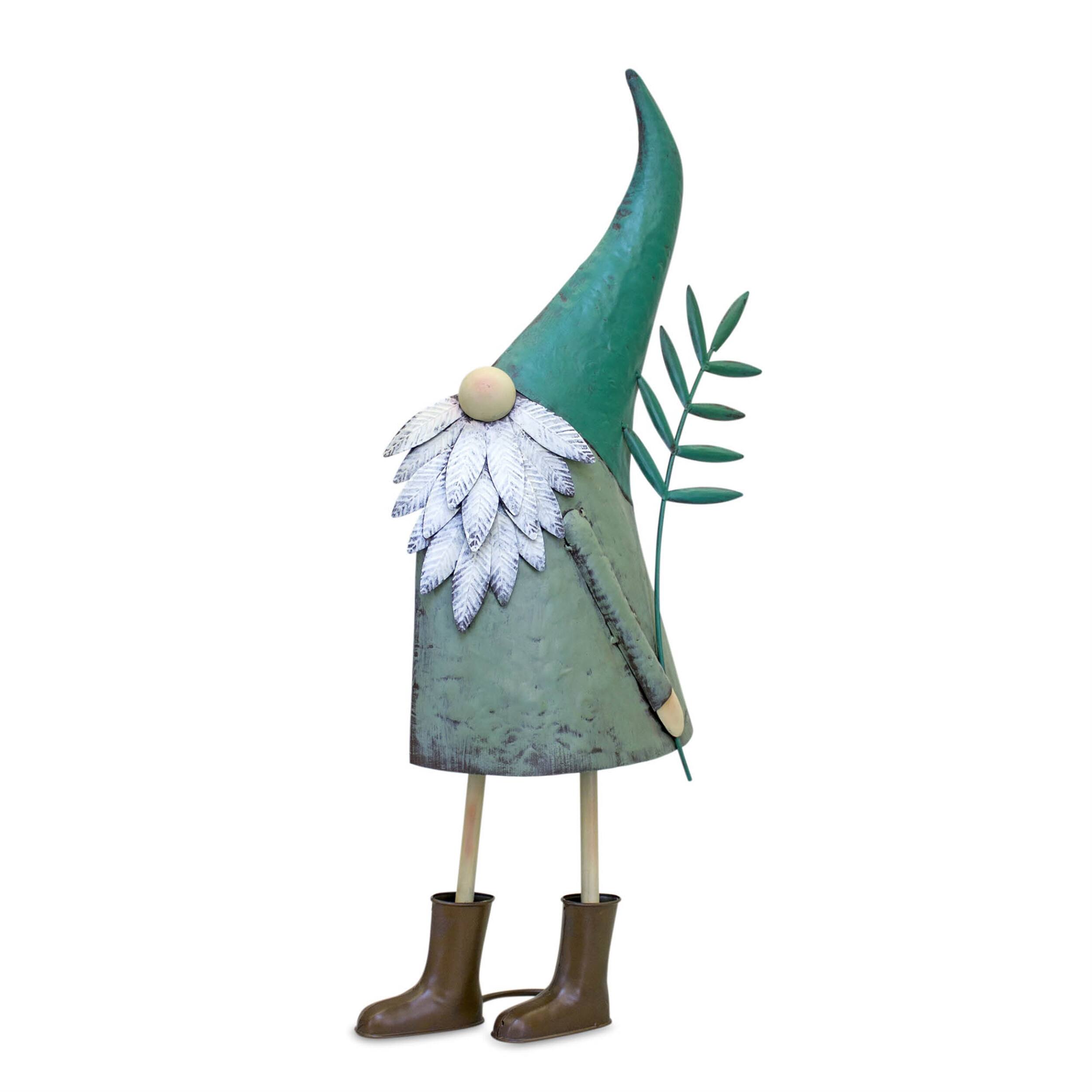 Alt View 1. BreeBe - Iron Metal Standing Garden Gnome with Flower (Set of 2) - Brown, White, Green.