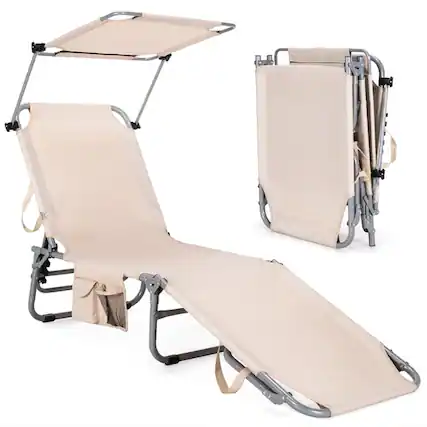 Front. Pefilos - Patio Lounge Chair, Adjustable Outdoor Beach Patio Pool Recliner with Sun Shade Cushion - Beige.
