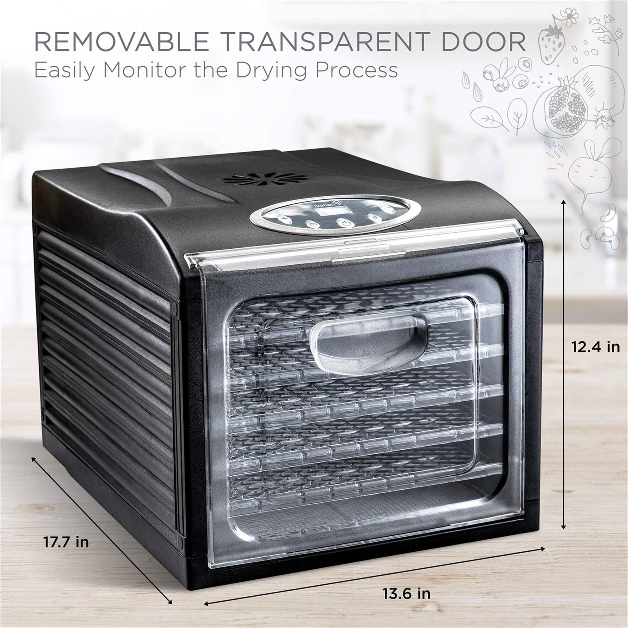 REMOVABLE TRANSPARENT DOOR Easily Monitor the Drying Process 12.4 in 17.7 in 13.6 in