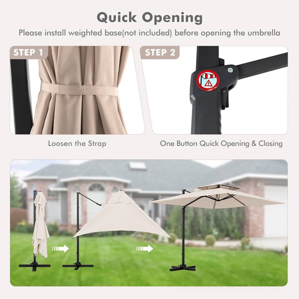 Quick Opening

Please install weighted base (not included) before opening the umbrella

STEP 1
Loosen the Strap

STEP 2
One Button Quick Opening & Closing