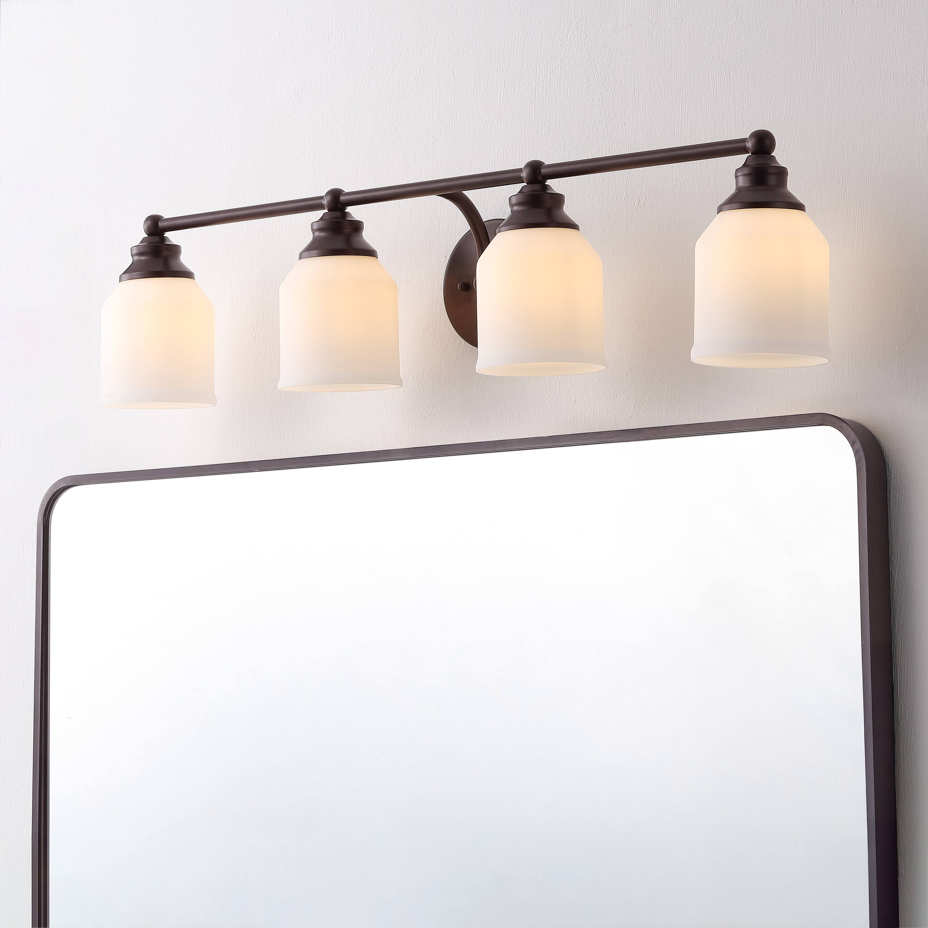Alt View 1. Jonathan Y - Lydia 33.25" 4-Light Farmhouse Cottage Metal LED Vanity Light with Frosted Glass Shades, Oil Rubbed Bronze - Oil Rubbed Bronze.