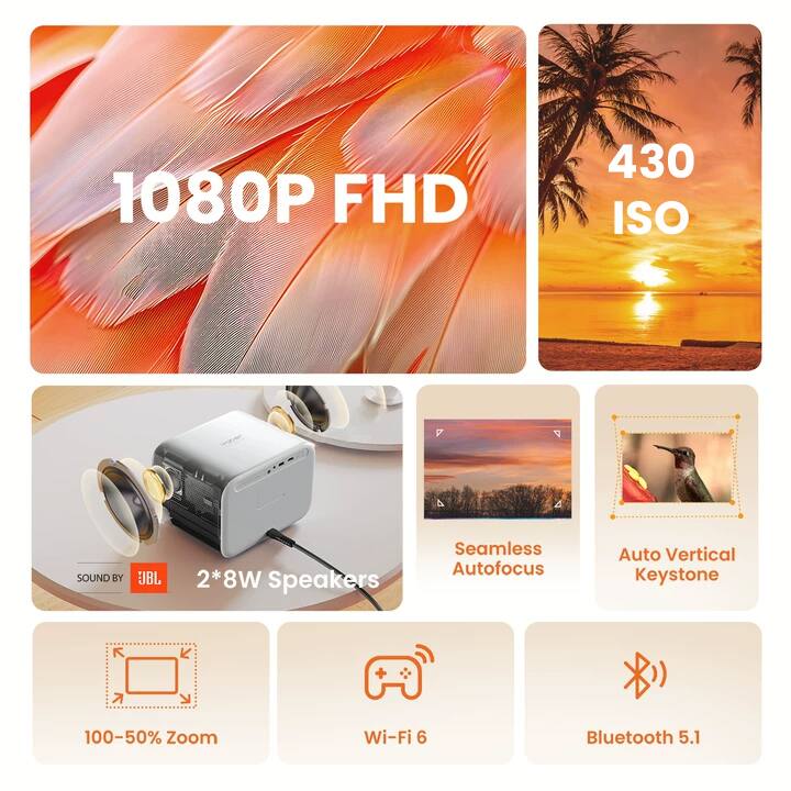 1080P FHD  
430 ISO  

2*8W Speakers  
Seamless Autofocus  
Auto Vertical Keystone  

100-50% Zoom  
Wi-Fi 6  
Bluetooth 5.1  

SOUND BY JBL