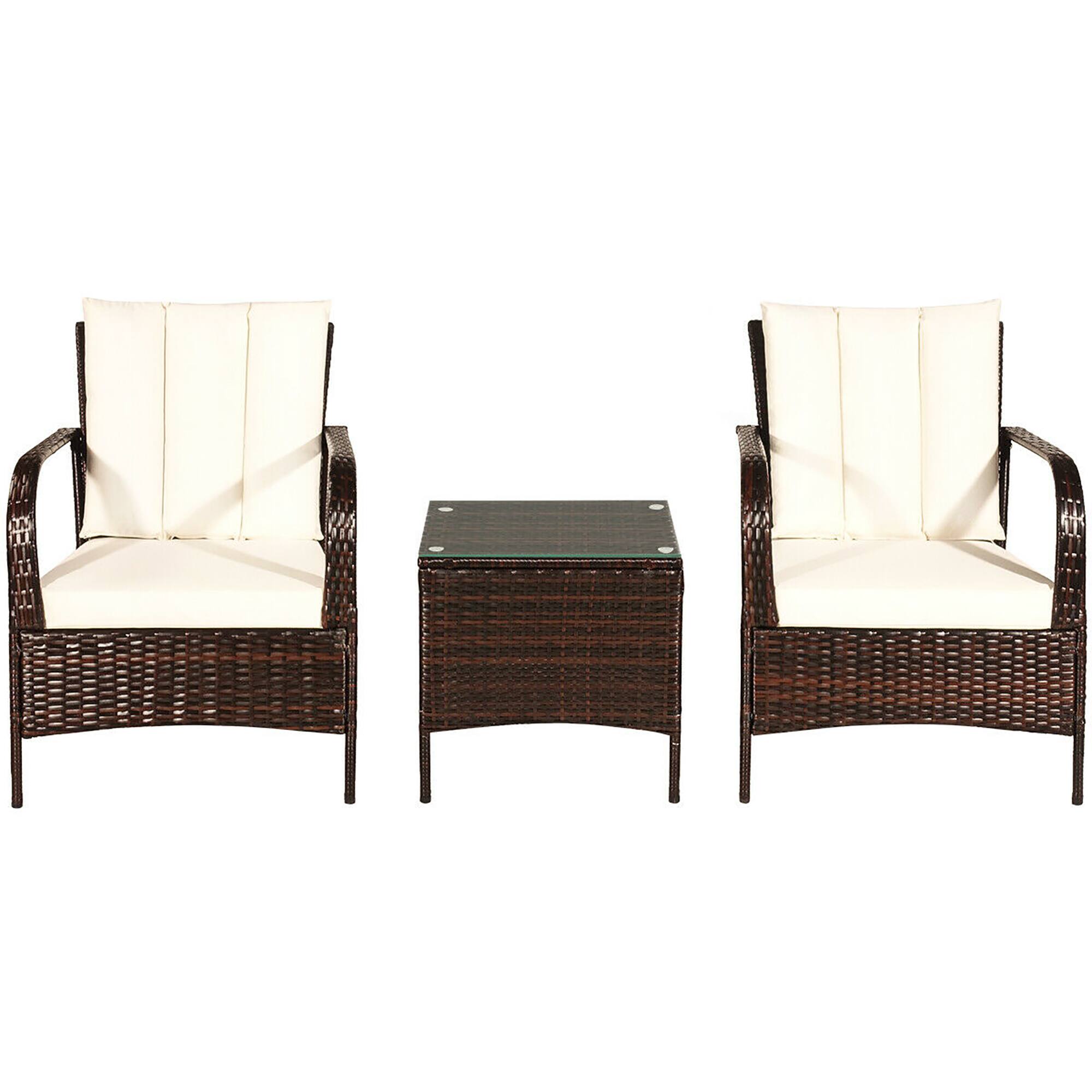 Left. Costway - 3 PCS Patio Wicker Rattan Furniture Set Coffee Table & 2 Rattan Chair W/Cushions - White.