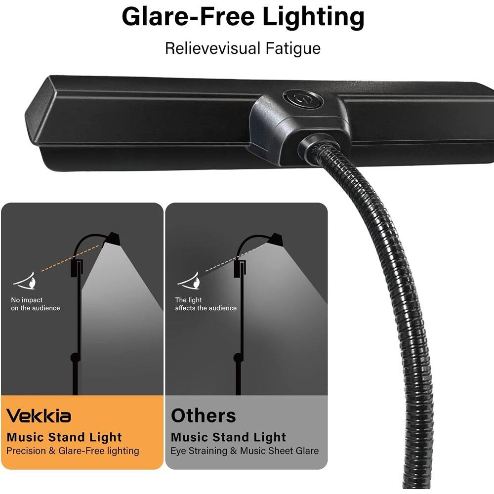 Glare-Free Lighting  
Relieve Visual Fatigue  

Vekkia  
Music Stand Light  
Precision & Glare-Free Lighting  

Others  
Music Stand Light  
Eye Straining & Music Sheet Glare  

No impact on the audience  
The light affects the audience