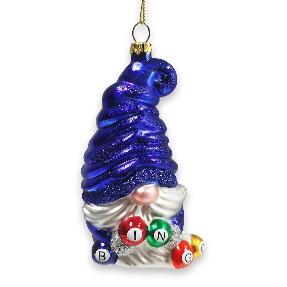 Front. OrnamentallyYou - Bingo Gnome Glass Christmas Ornament - Multi-colored.