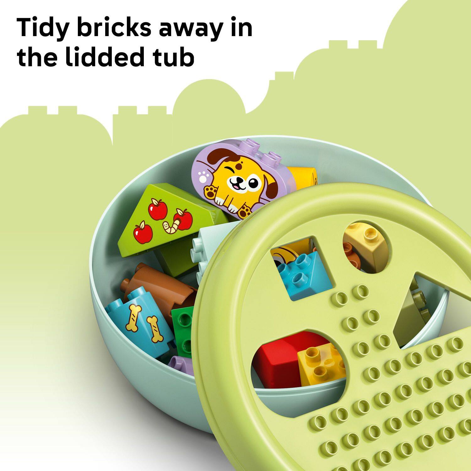 Tidy bricks away in the lidded tub