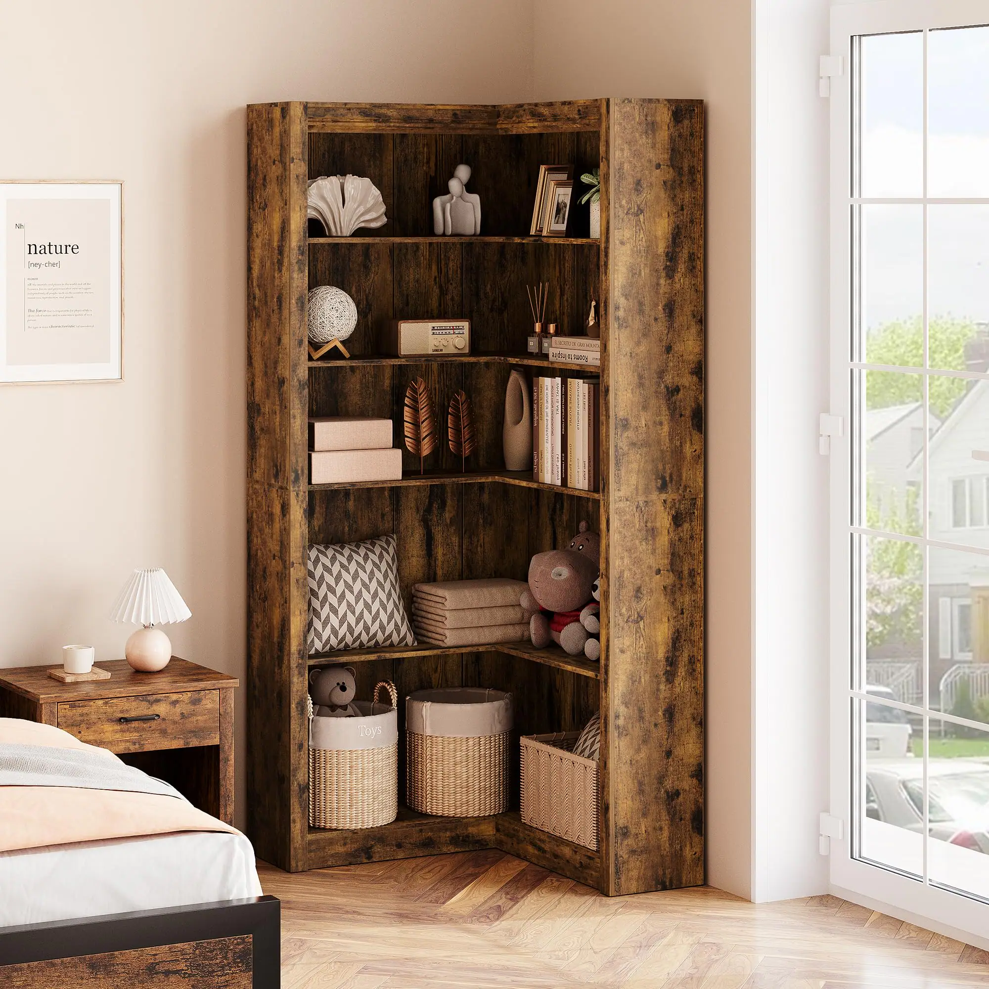 Sure, here is the corrected and grouped text from the image:

**On the Wall:**
- "nature"
- "Natur" (German for "nature")

**On the Shelf:**
- "Toys" (on the basket)

**On the Books:**
- "LIVING WITH NATURE"
- "LIVING WITH NATURE"

**On the Picture Frame:**
- "Natur" (German for "nature")

**On the Box:**
- "Natur" (German for "nature")

**On the Picture:**
- "Natur" (German for "nature")

**On the Picture Frame:**
- "Natur" (German for "nature")

**On the Picture Frame:**
- "Natur" (German for "nature")

**On the Picture Frame:**
- "Natur" (German for "nature")

**On the Picture Frame:**
- "Natur" (German for "nature")

**On the Picture Frame:**
- "Natur" (German for "nature")

**On the Picture Frame:**
- "Natur" (German for "nature")

**On the Picture Frame:**
- "Natur" (German for "nature")

**On the Picture Frame: