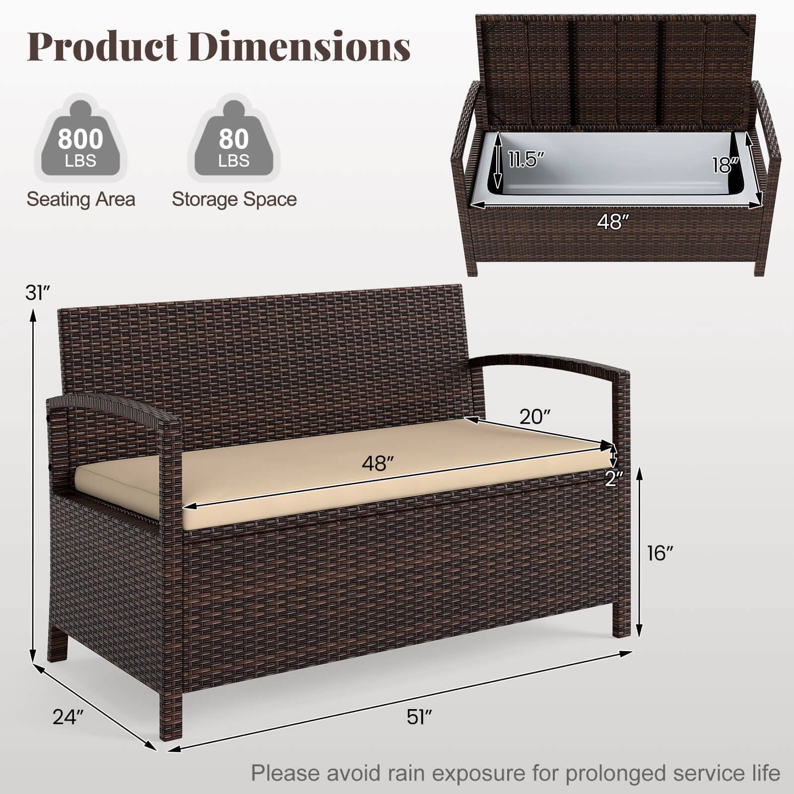 Product Dimensions  
800 LBS  
Seating Area  
80 LBS  
Storage Space  

Dimensions:  
- 48" (width)  
- 20" (depth)  
- 16" (height)  
- 24" (side height)  
- 51" (overall length)  
- 31" (back height)  
- 11.5" (storage depth)  
- 18" (storage width)  

Please avoid rain exposure for prolonged service life.