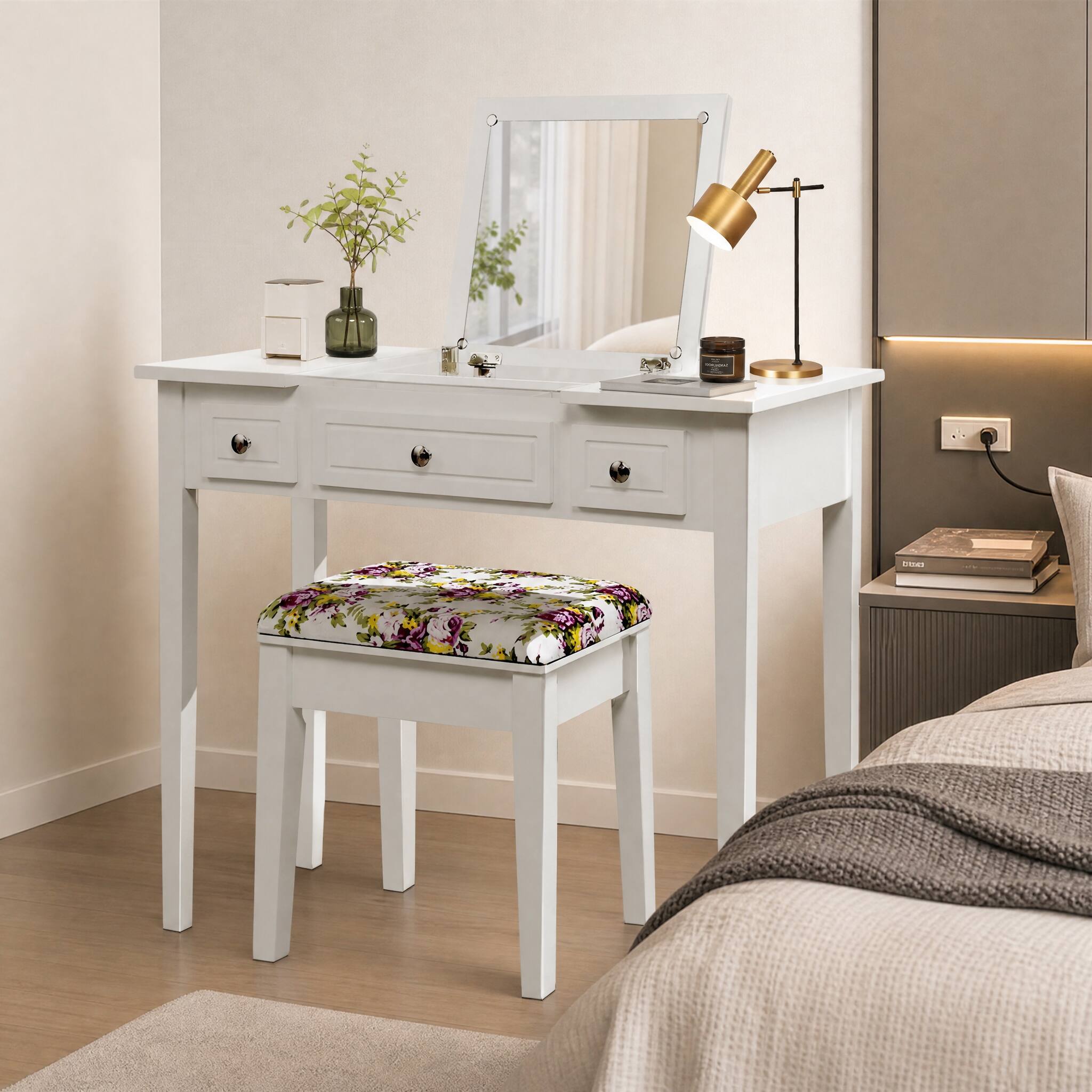 Angle. WELLFOR - Flip‑Top Mirror Vanity Dressing Table Set with 3 Drawers &Cushioned Stool, Makeup Vanity Table Set with Solid Wood Legs - White.
