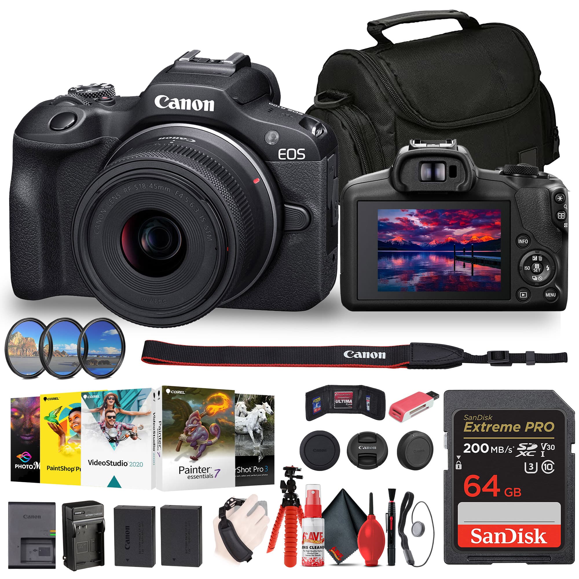 Canon - EOS R100 Mirrorless Camera with 18-45mm Lens + Filter Kit + Corel Software + More - Black