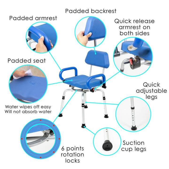 - Padded backrest
- Padded armrest
- Quick release armrest on both sides
- Padded seat
- Quick adjustable legs
- Water wipes off easy
- Will not absorb water
- 6 points rotation locks
- Suction cup legs