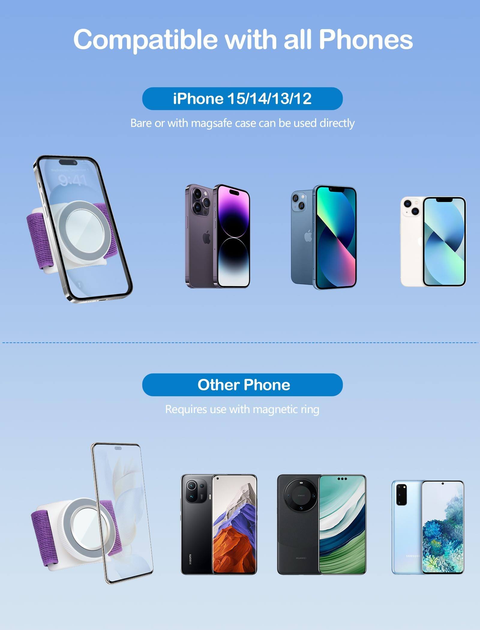 Compatible with all Phones

iPhone 15/14/13/12  
Bare or with mag safe case can be used directly

Other Phone  
Requires use with magnetic ring