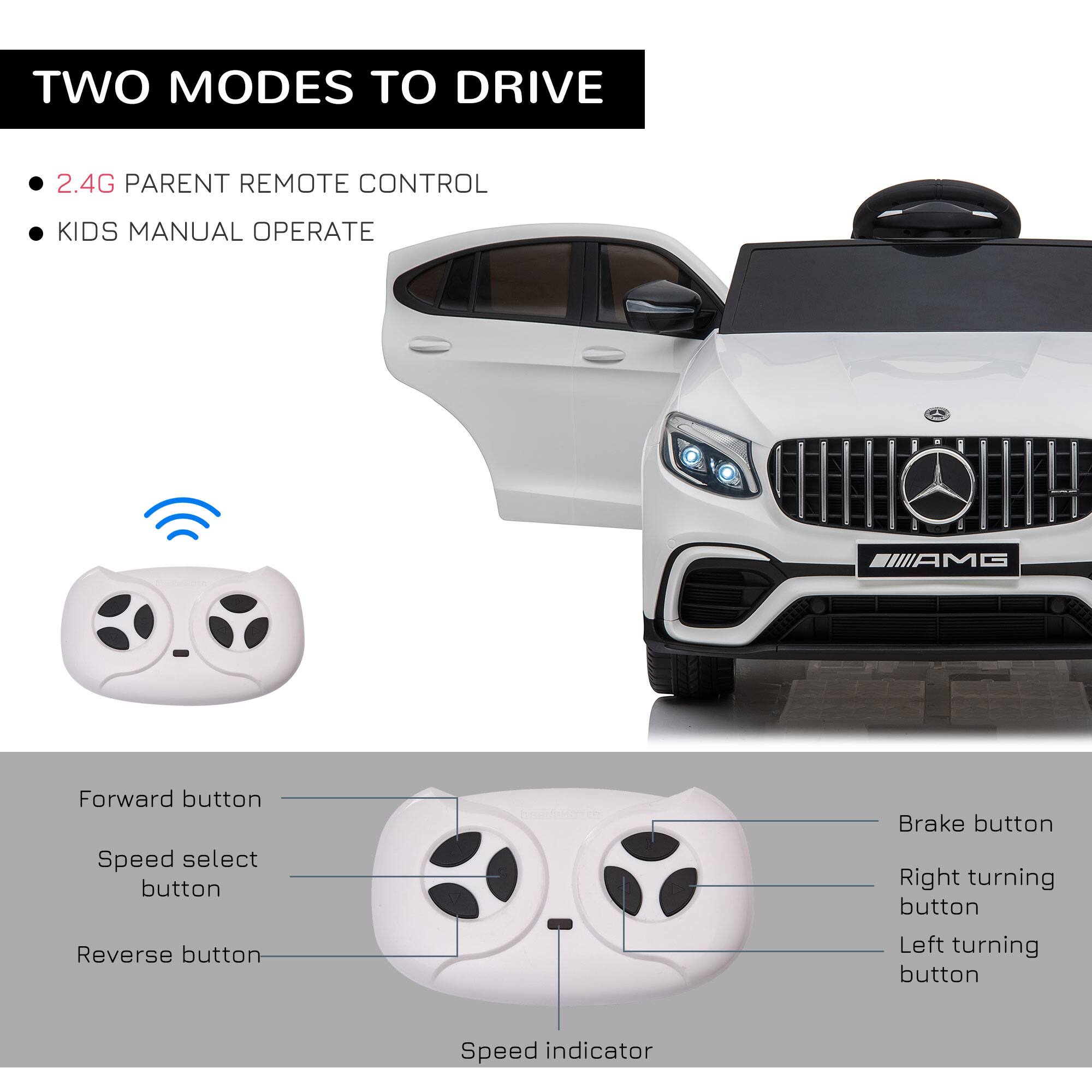 TWO MODES TO DRIVE

- 2.4G PARENT REMOTE CONTROL
- KIDS MANUAL OPERATE

Forward button  
Speed select button  
Reverse button  
Brake button  
Right turning button  
Left turning button  
Speed indicator