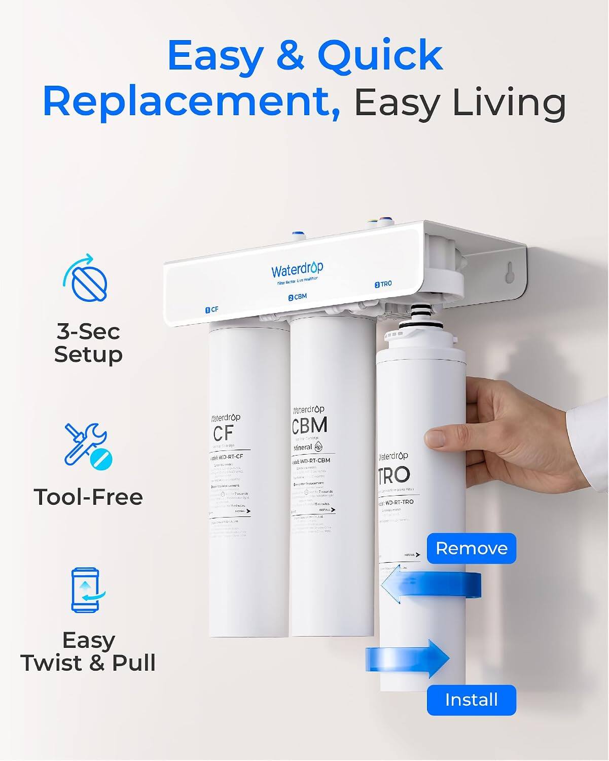 Easy & Quick Replacement, Easy Living

3-Sec Setup

DCF

Waterdrop 2018 Heather new & CBM

TRO

Tool-Free

Waterdrop CF RT-CF

Waterdrop CBM Mineral WD-RT-CBM

Waterdrop TRO WD-RT-TRO

Remove

Easy Twist & Pull

Install