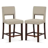 Costway - Set of 2 Upholstered Linen Bar Stools 24.5" Wooden Dining Chairs with Back - Beige/Brown - Front_Zoom
