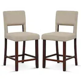 Costway - Set of 2 Upholstered Linen Bar Stools 24.5" Wooden Dining Chairs with Back - Beige/Brown