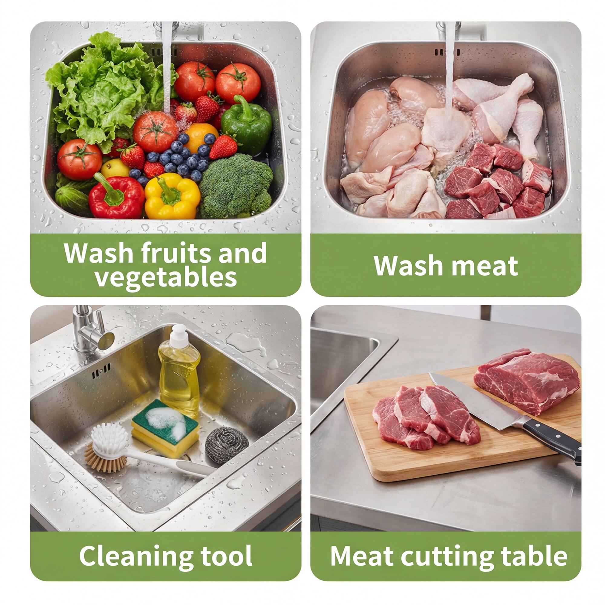 - Wash fruits and vegetables
- Wash meat
- Cleaning tool
- Meat cutting table