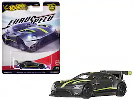 Aston Martin Vantage GTE Stripes "Euro Speed" Series Diecast Model Car by Hot Wheels - Dark Gray Metallic with Lime Green