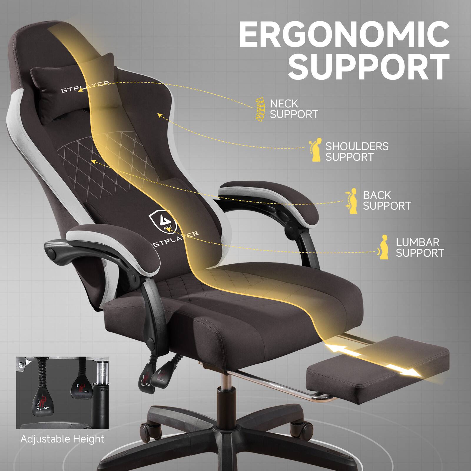 GTPLAYER YER GTP ERGONOMIC SUPPORT NECK SUPPORT SHOULDERS SUPPORT BACK SUPPORT LUMBAR SUPPORT Adjustable Height