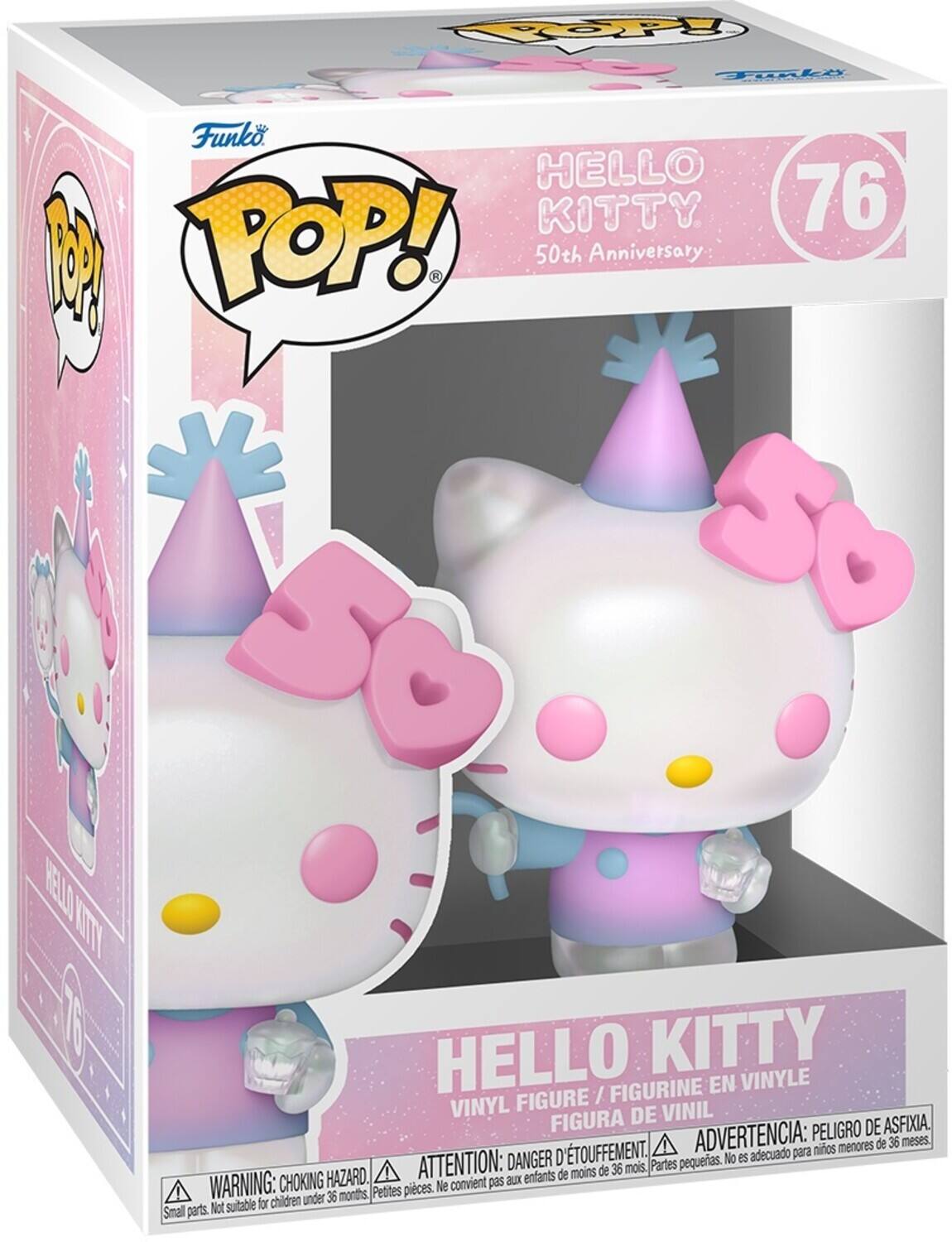 Sure, here is the corrected and grouped text from the image:

---

**Funko POP!**

**HELLO KITTY**  
50th Anniversary

**76**

**HELLO KITTY**  
VINYL FIGURE / FIGURINE EN VINYLE  
FIGURA DE VINIL

**WARNING: CHOKING HAZARD.**  
Small parts. Not suitable for children under 36 months.

**ATTENTION: DANGER D'ÉTOUFFEMENT.**  
Petites pièces. Ne convient pas aux enfants de moins de 36 mois.

**ADVERTENCIA: PEORO DE ASFIXIA.**  
Partes pequeñas. No es adecuado para niños menores de 36 meses.

---

This text includes all the relevant information from the packaging, grouped and corrected for clarity.