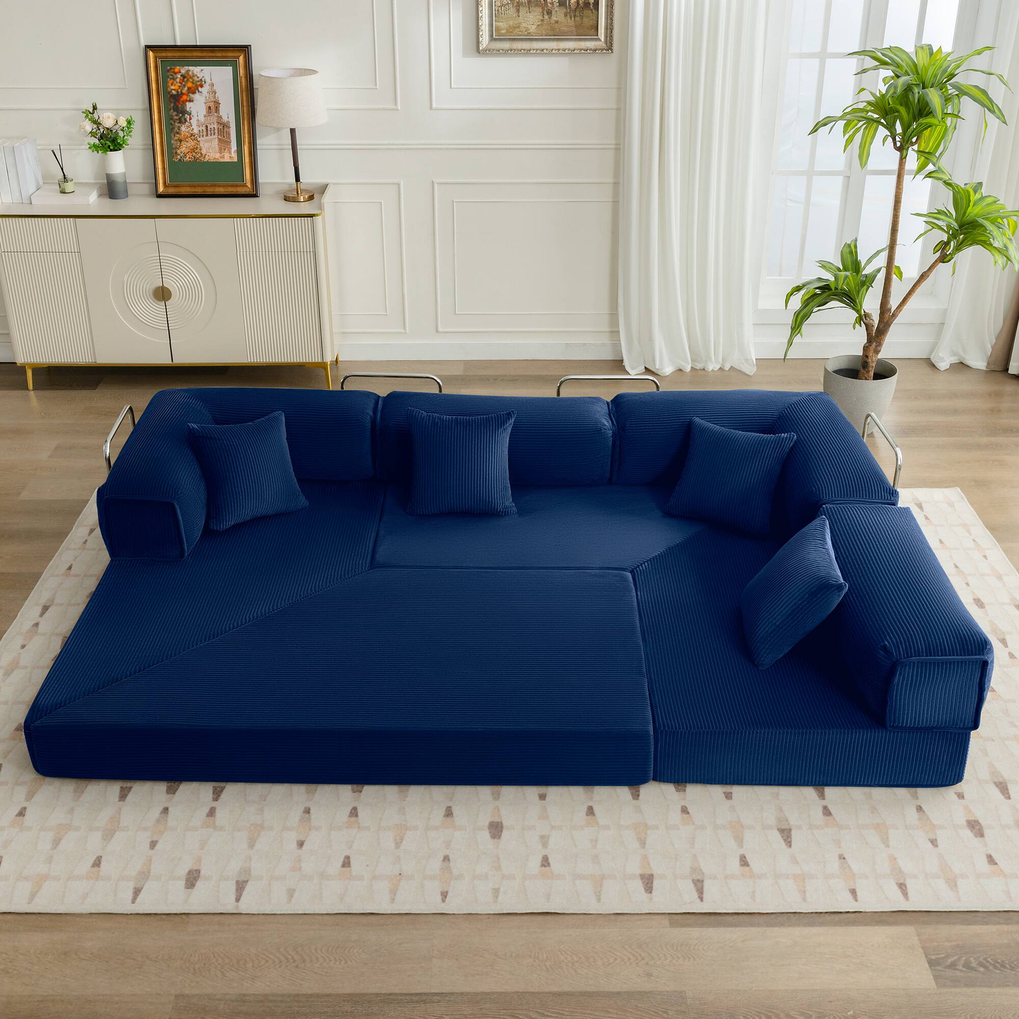 Left. KERDOM - Oversized Big Family Sofa Couch, 170 inches Extra Long Convertible Sofa Bed Sleeper Sectional Floor Building Block Couch - Navy Blue.