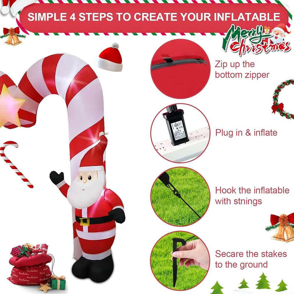 Sure, here is the corrected and grouped text from the image:

---

**SIMPLE 4 STEPS TO CREATE YOUR INFLATABLE**

1. **Zip up the bottom zipper**
2. **Plug in & inflate**
3. **Hook the inflatable with stnings**
4. **Secare the stakes to the ground**

---

**Merry Christmas**