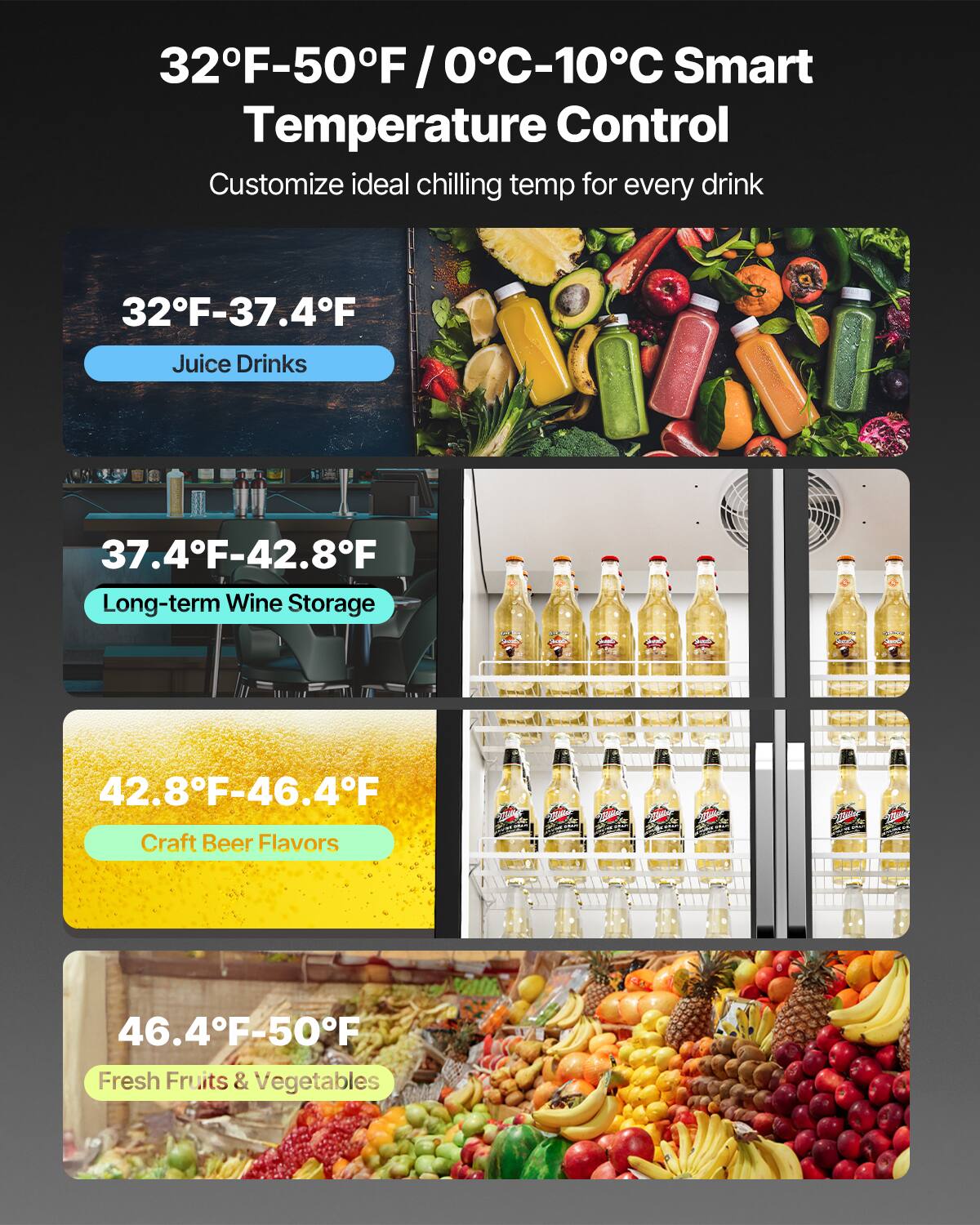32F-50F/0C-10C Smart Temperature Control
Customize ideal chilling temp for every drink
32F-37.4F Juice Drinks
37.4F-42.8F Long-term Wine Storage
42.8F-46.4F Craft Beer Flavors
46.4F-50F Fresh Fruits & Vegetables