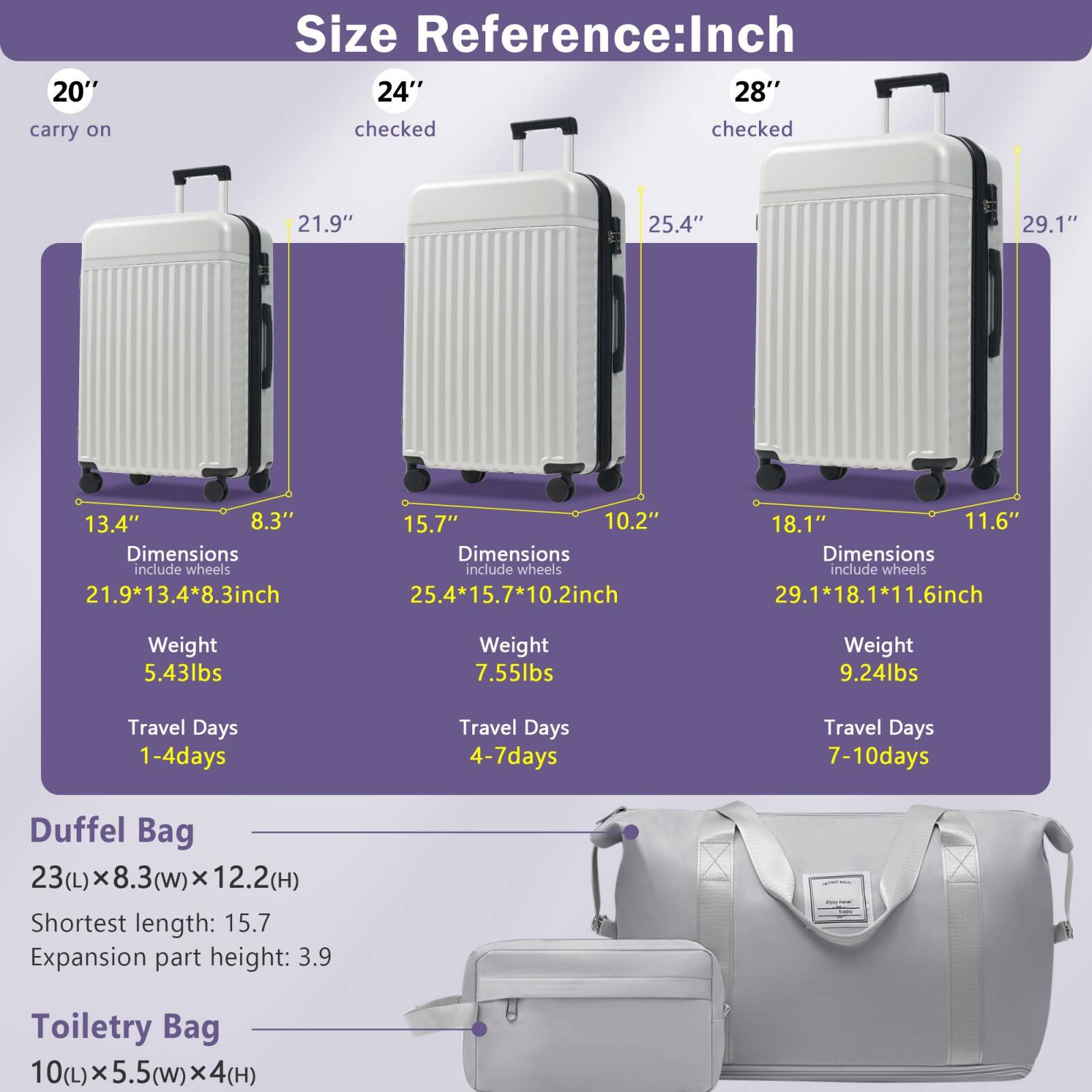 **Size Reference: Inch**

- **20" carry on**
  - Dimensions: 21.9" x 13.4" x 8.3" (including wheels)
  - Weight: 5.43 lbs
  - Travel Days: 1-4 days

- **24" checked**
  - Dimensions: 25.4" x 15.7" x 10.2" (including wheels)
  - Weight: 7.55 lbs
  - Travel Days: 4-7 days

- **28" checked**
  - Dimensions: 29.1" x 18.1" x 11.6" (including wheels)
  - Weight: 9.24 lbs
  - Travel Days: 7-10 days

**Duffel Bag**
- Dimensions: 23(L) x 8.3(W) x 12.2(H)
- Shortest length: 15.7
- Expansion part height: 3.9

**Toiletry Bag**
- Dimensions: 10(L) x 5.5(W) x 4(H)