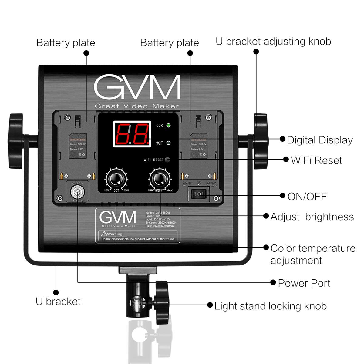 Battery plate  
Battery plate  
U bracket adjusting knob  
GVM Great Video Maker  
Digital Display  
WiFi Reset  
ON/OFF  
Adjust brightness  
Color temperature adjustment  
Power Port  
Light stand locking knob